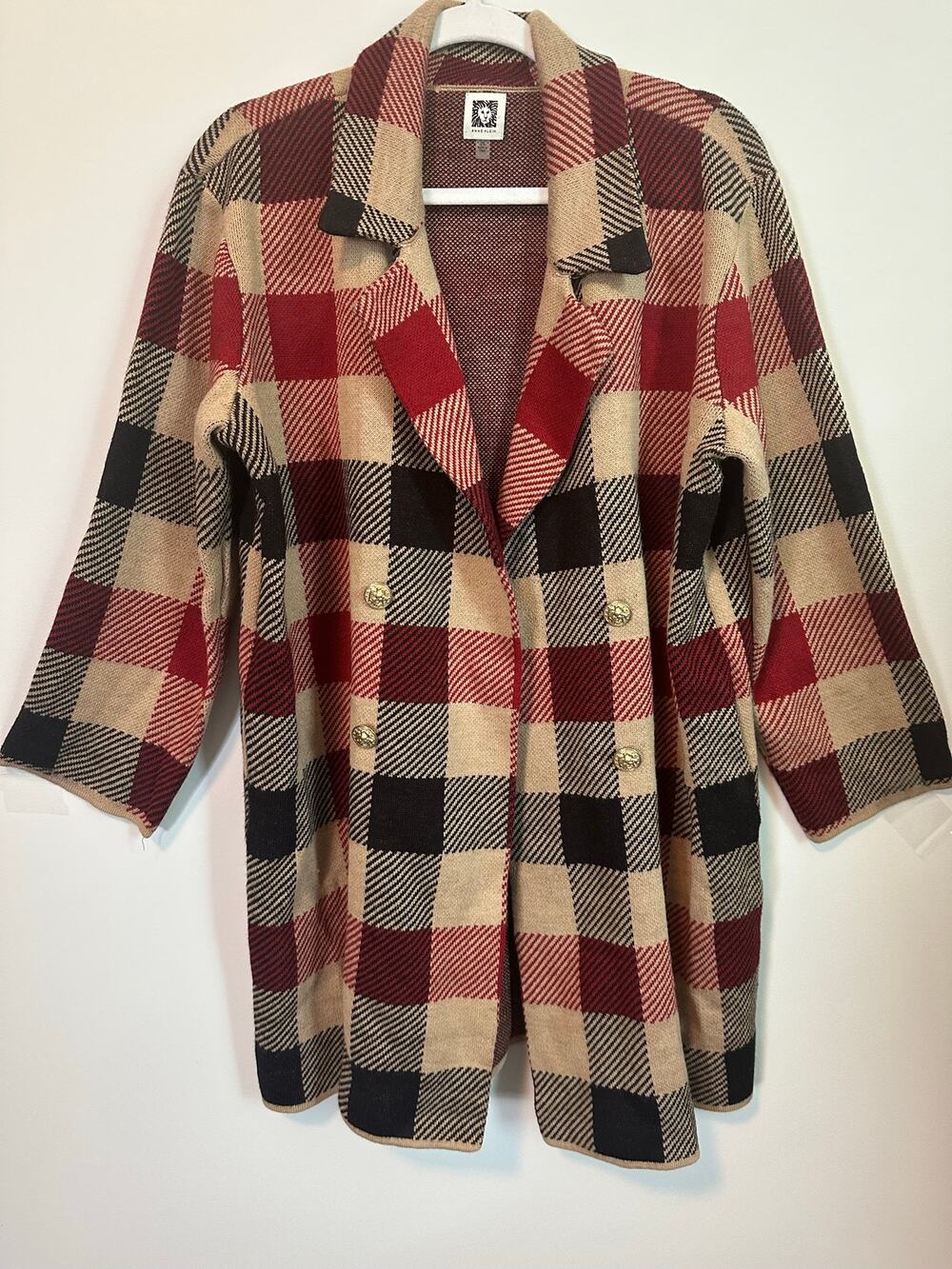 Anne Klein 2X Plaid Knit Blazer Cardigan Red Tan Black Fall Winter Quiet Luxury